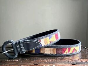 Guatemalan Dark Navy Blue Suede Belt With Abstract Canvas Fabric Multi Color Sz